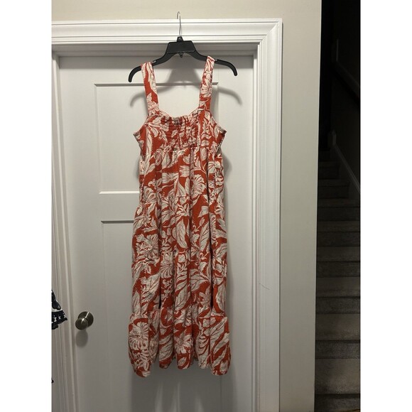 Who What Wear Womens Large Linen Lace Up Midi Tank Dress Red Orange White Floral - Picture 7 of 7